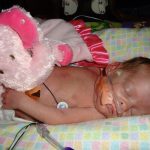 Sofia in the NICU with a pink stuffed elephant near her