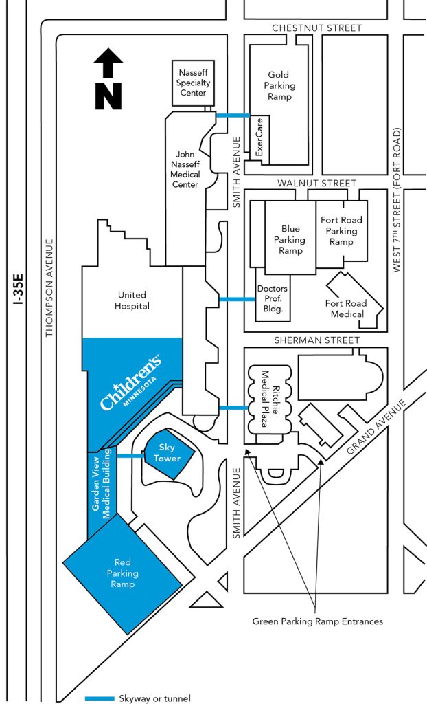 map of the St. Paul campus. The red parking ram, Garden View medical building, sky tower and Children's Minnesota are all highlighted.