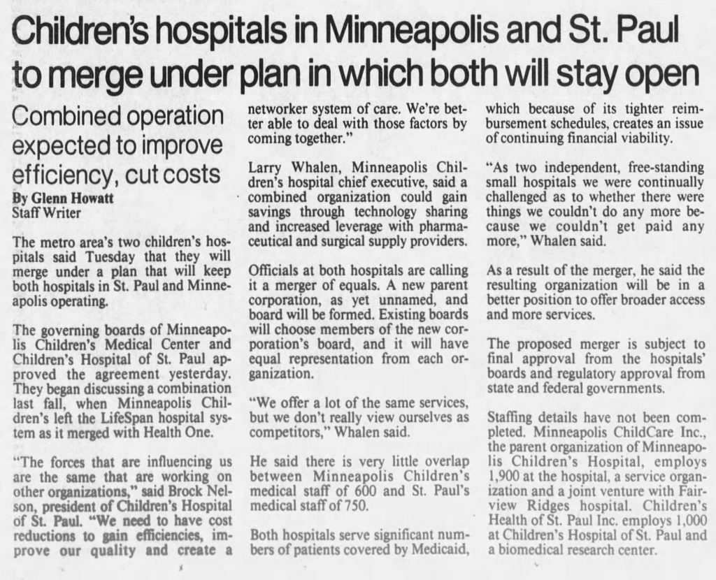 1993 Star Tribune newspaper article about the merger of the St. Paul and Minneapolis children's hospitals.