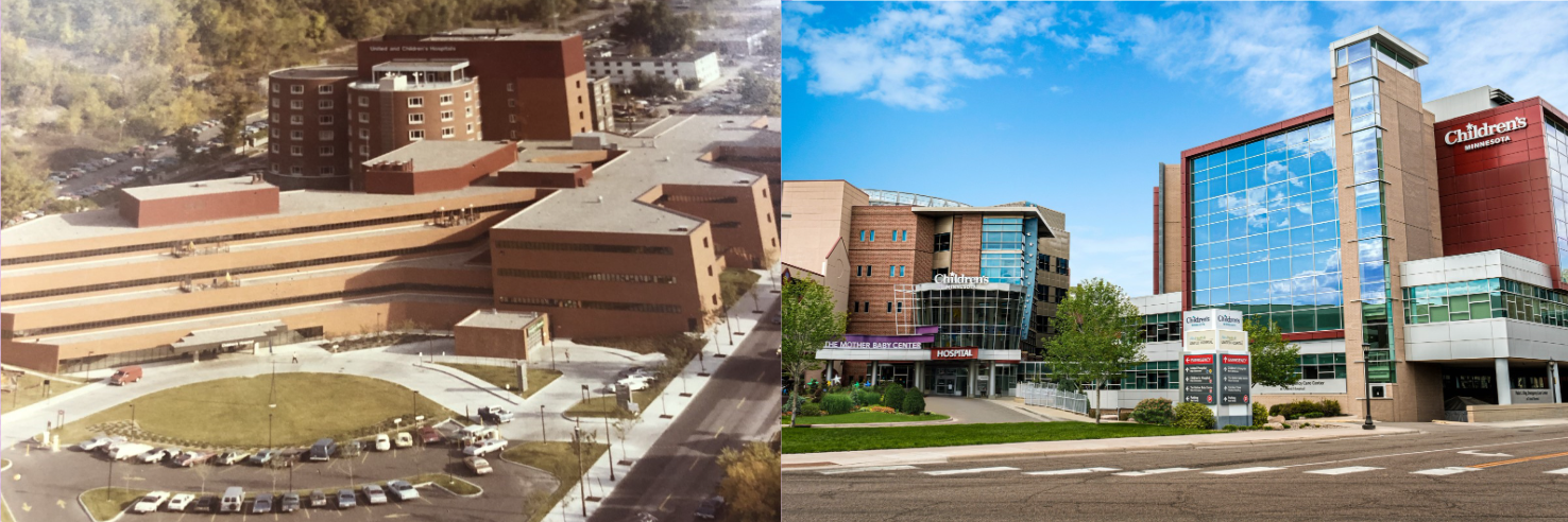 Two images side by side. The first is an aerial view of a hospital campus in the 1970s. The second is the same campus, from ground level, taken in 2022.
