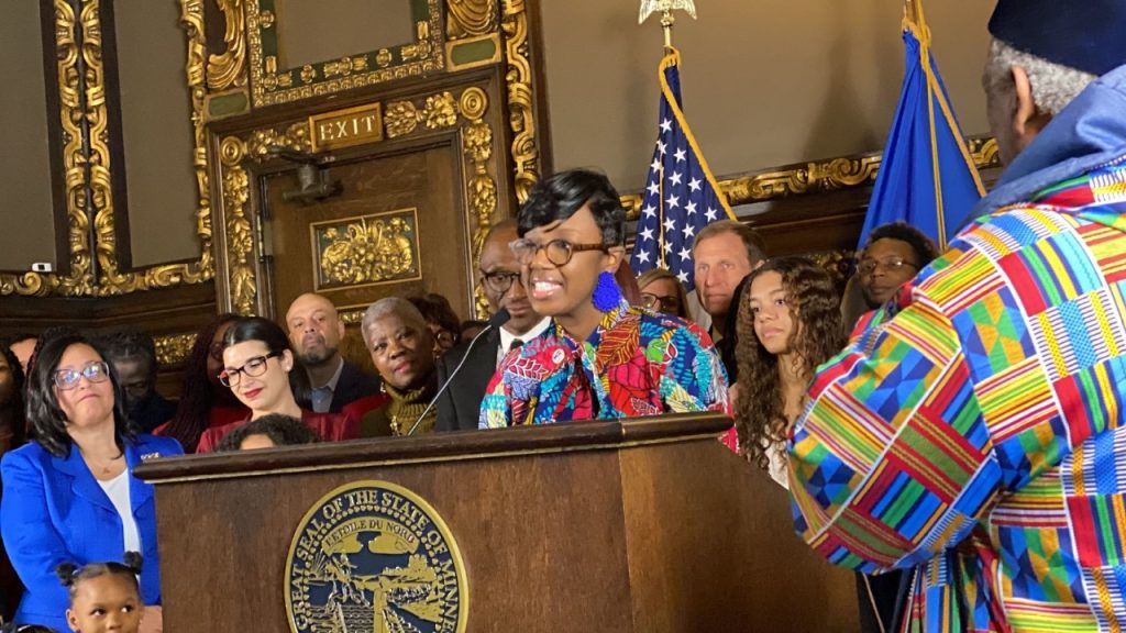 Tiffani Daniels speaking after passage of the CROWN Act.