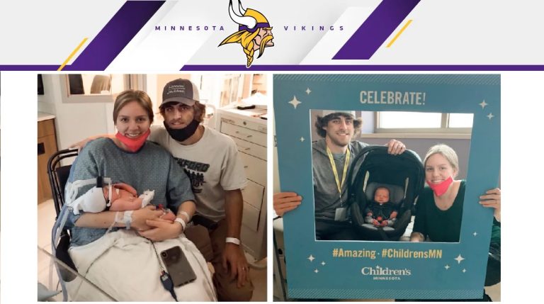 Screenshot of Vikings website story about couple who welcomed a baby on game day