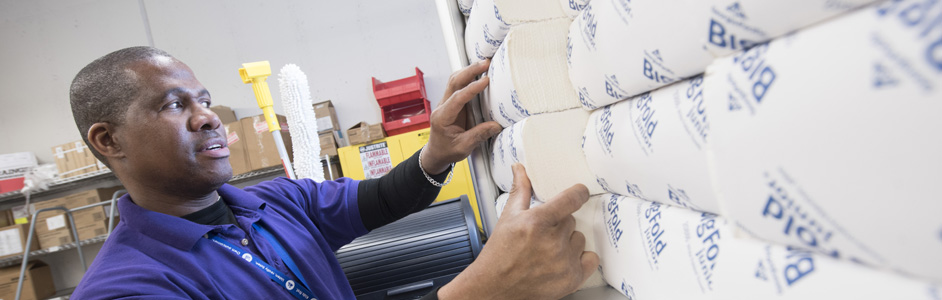 Maintenance worker at Children's Minnesota gets supplies.