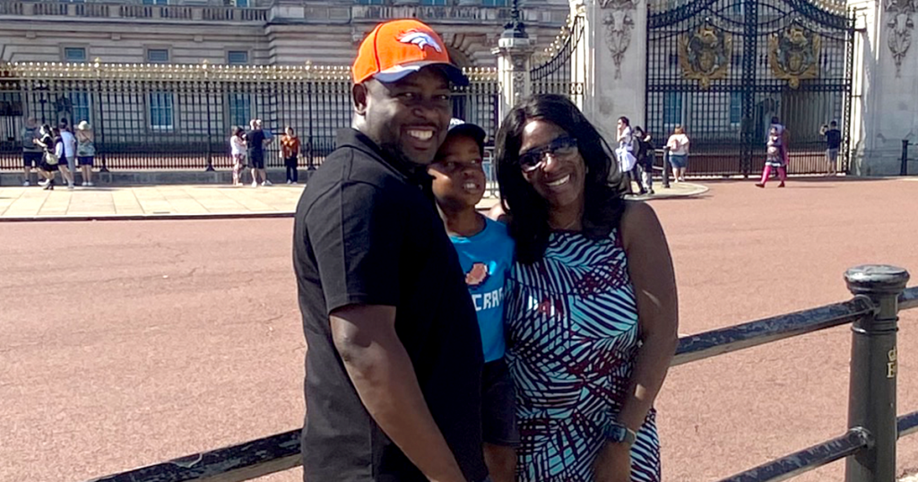 Yinka on a trip to London with her husband and son