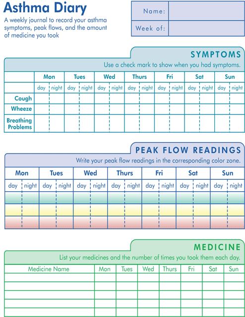 Asthma Diary. This page was designed to be printed. We are working on creating an accessible version.