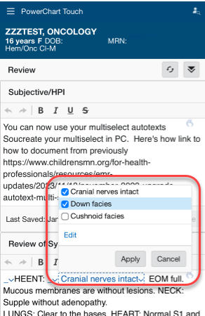 PowerChart Touch: Multiselect Auto-Text – EMR Updates